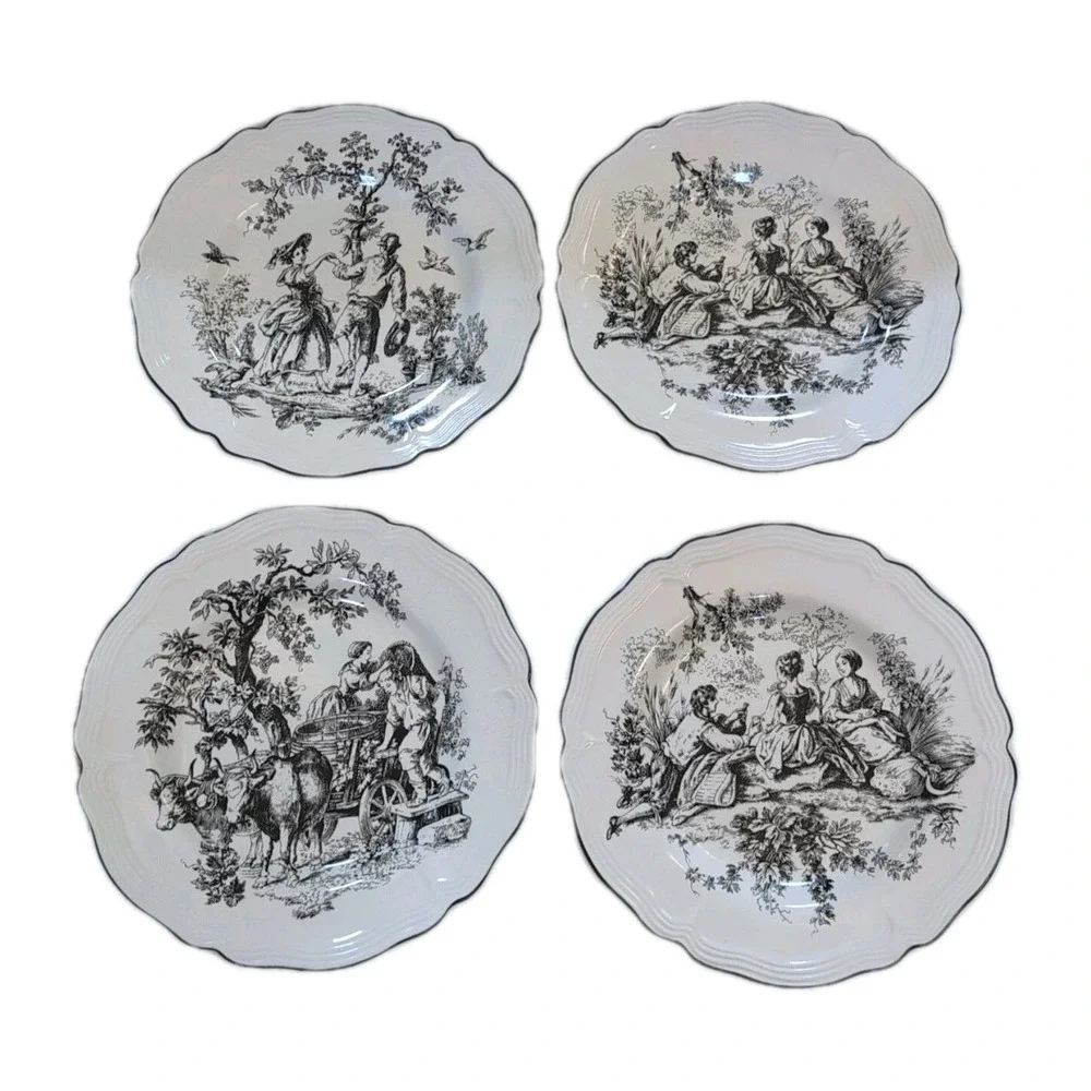 New‎ England Toile Tabletops Unlimited Set of 5 Soup Bowls & 4 Dinner Plates Lot